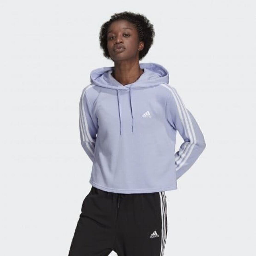 Adidas Lilac & White Essentials 3 Stripped Cropped Hooded Sweatshirt